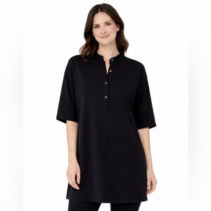 Eileen Fisher Black Viscose Jersey Tunic Henley Top 3/4 sleeve Band Collar Small